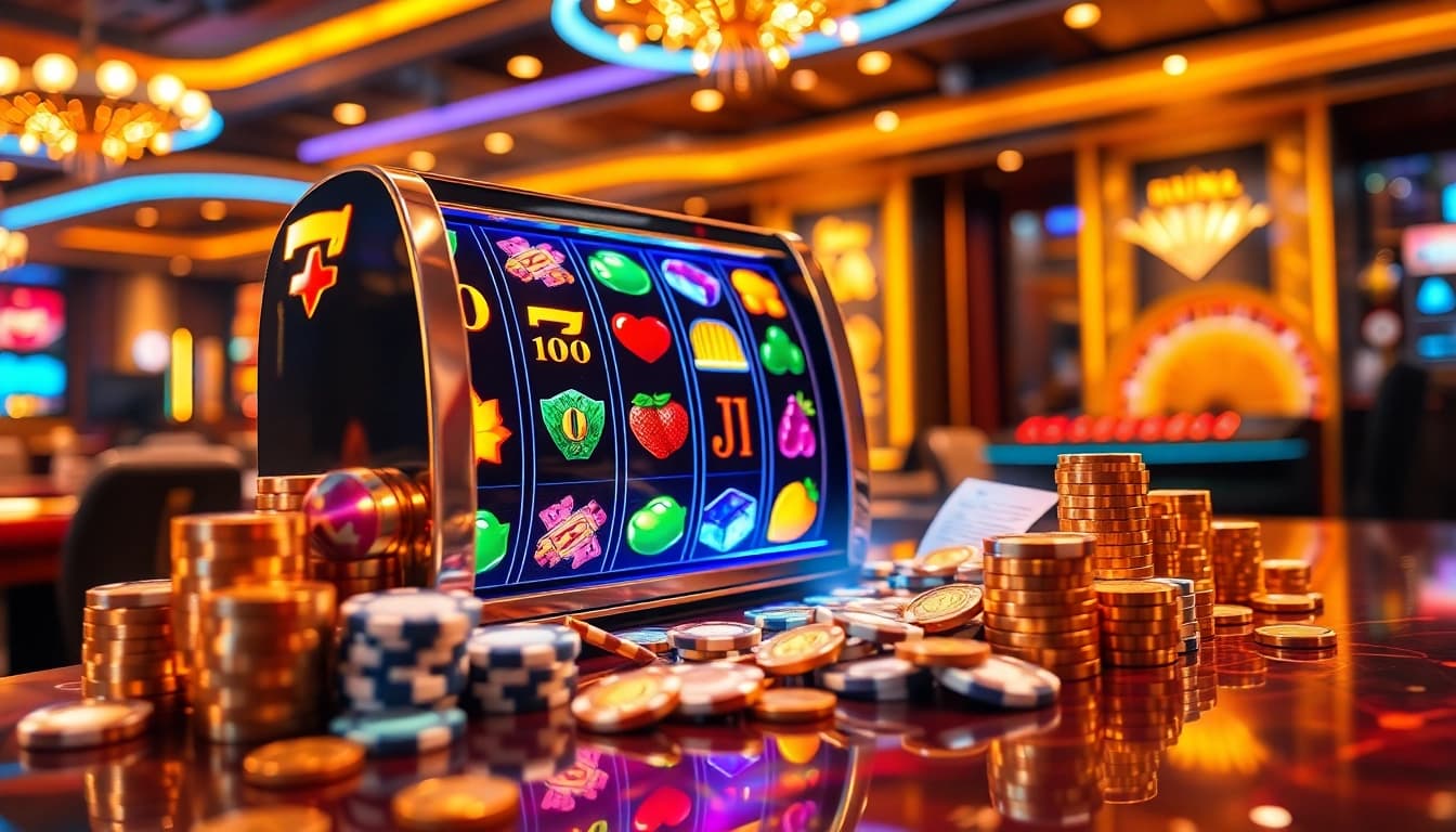 Spinning game nổ hũ slot reels triggering a jackpot payout with vibrant casino chips and coins