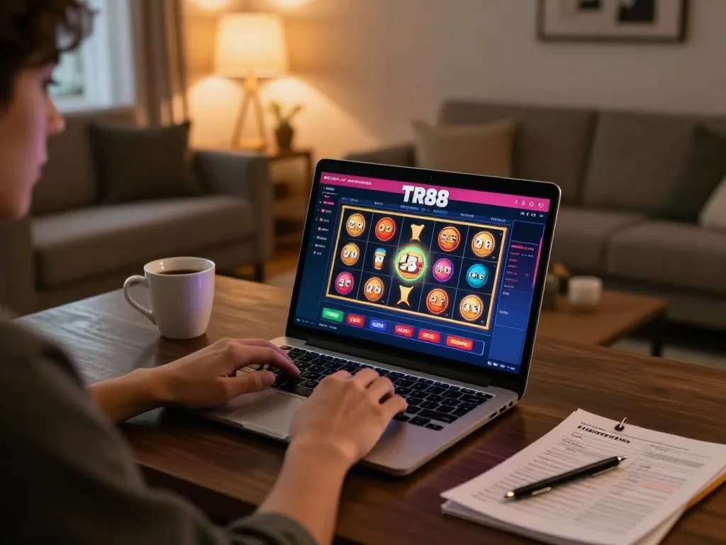 Playing TR88 chính thức online casino games using a laptop in cozy home setup.