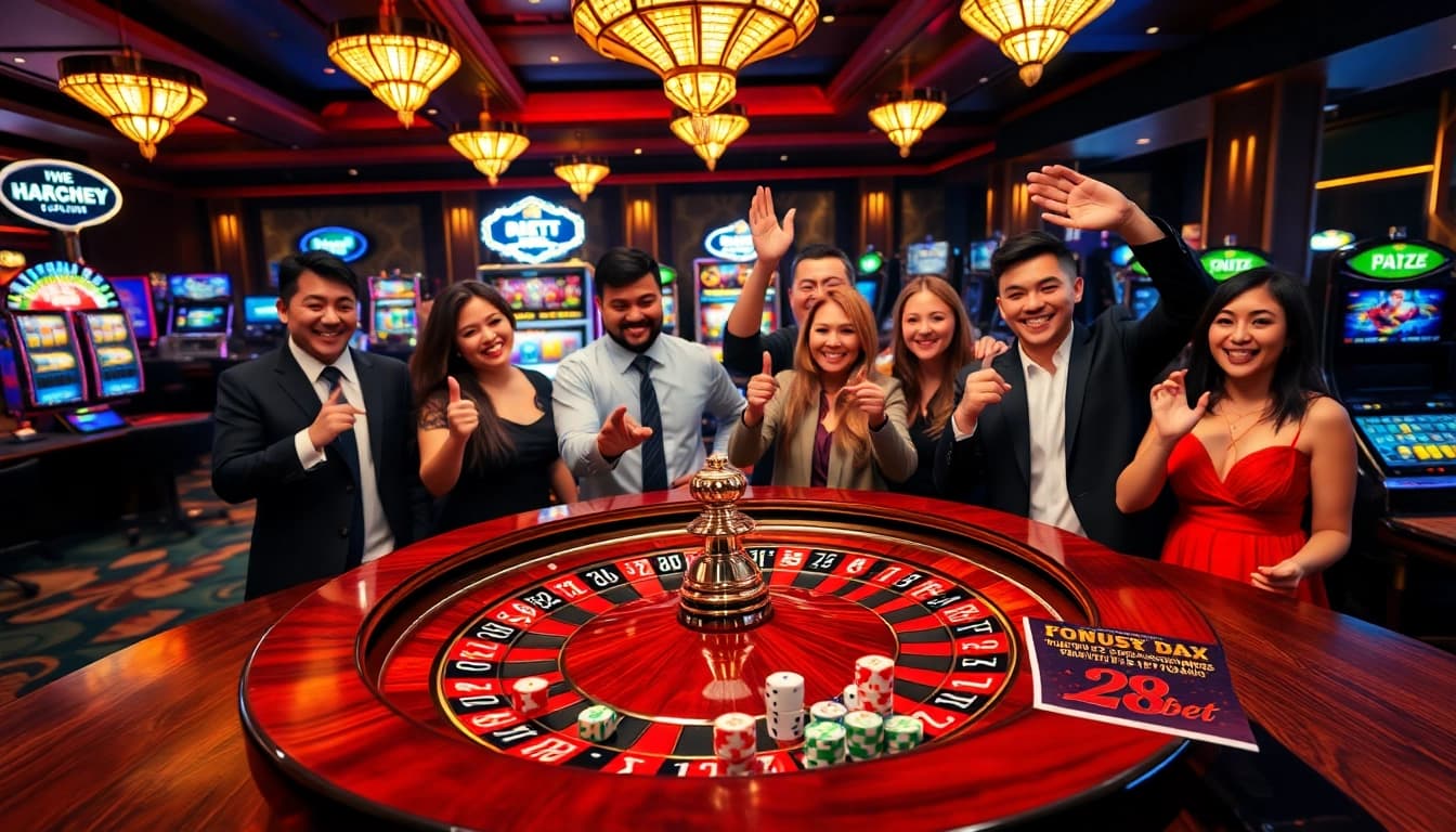 Exciting casino scene showcasing khuyến mãi 28bet with gamblers celebrating wins.