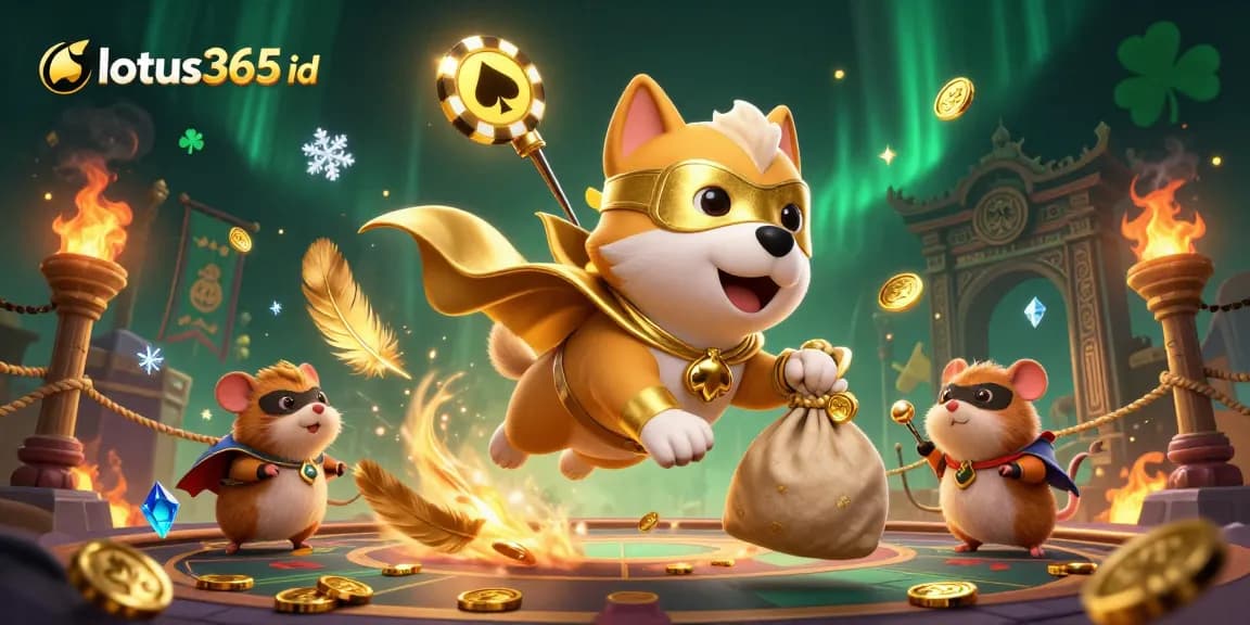 Win big with lotus365 id in a vibrant 3D illustration featuring a heroic dog and hamster.