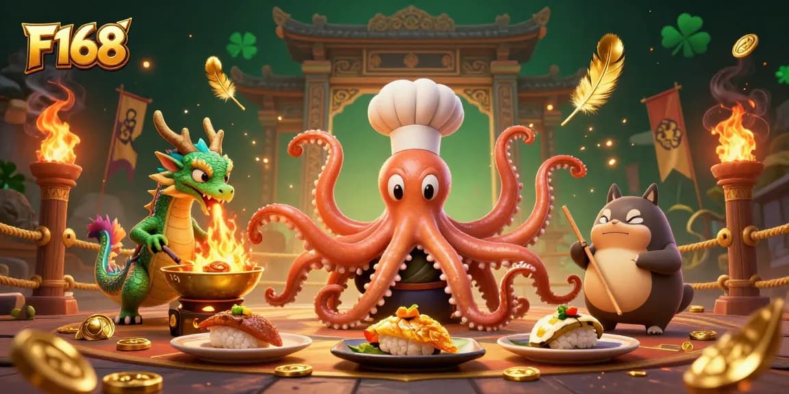 Experience thrilling wins at F168 with a 3D octopus, dragon, and tanuki in an epic gambling scene.