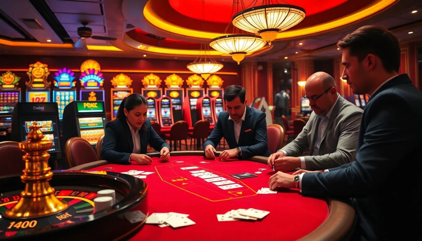 Experience the thrill of rr88k1 com with an exciting casino scene highlighting poker and slot machines.