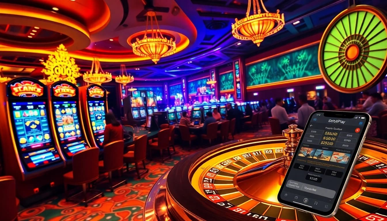 Gamblers enjoying playtime at situs sepuhplay with vibrant slot machines and roulette wheel.