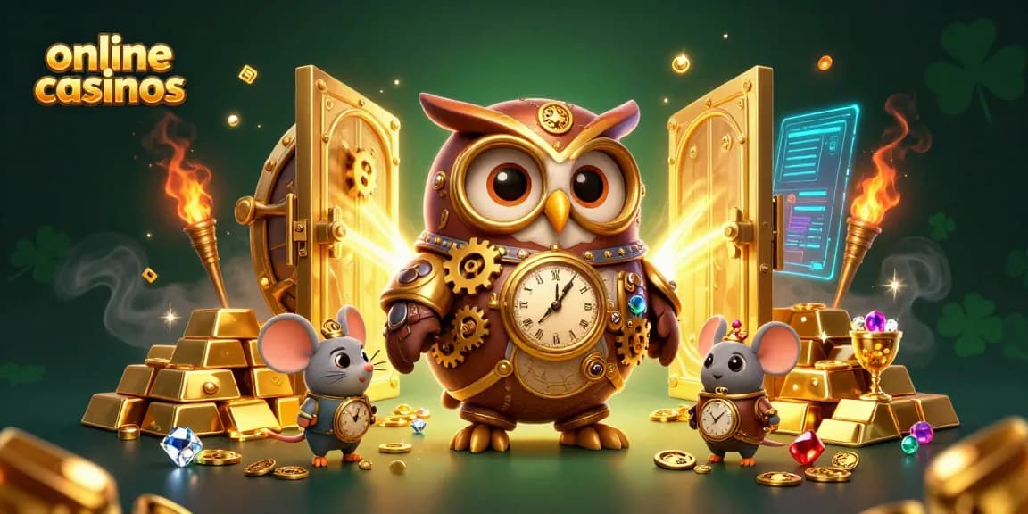 Play captivating online casinos with a steampunk owl and treasure-filled scene, high-quality 3D illustration.