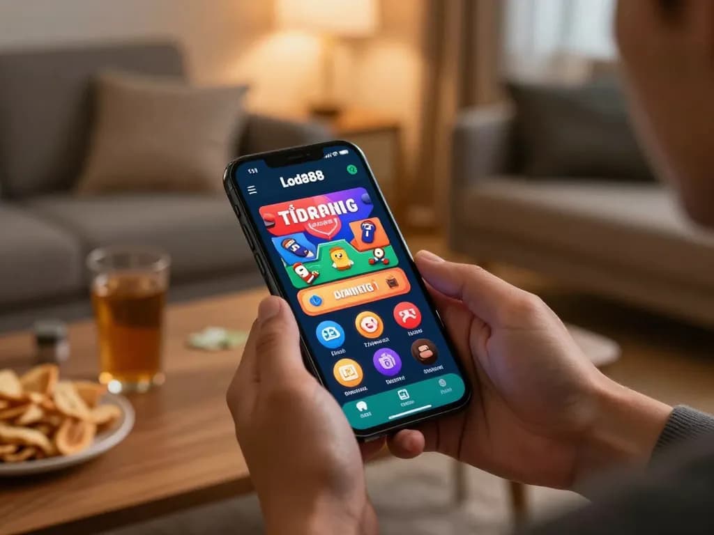 Play using tải app lode88 on smartphone in a cozy home setting with casino app interface visible.