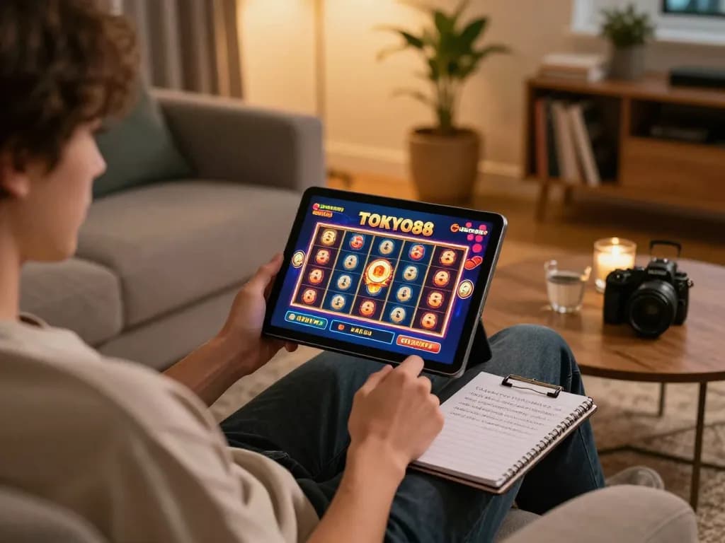 Pemain yang terlibat menikmati slot TOKYO88 di tablet, menunjukkan kegembiraan perjudian online.