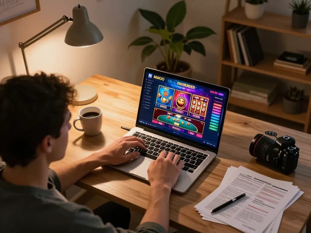 Engaging with MMOO online casino interface at home, showcasing interactive gameplay and responsible gaming.