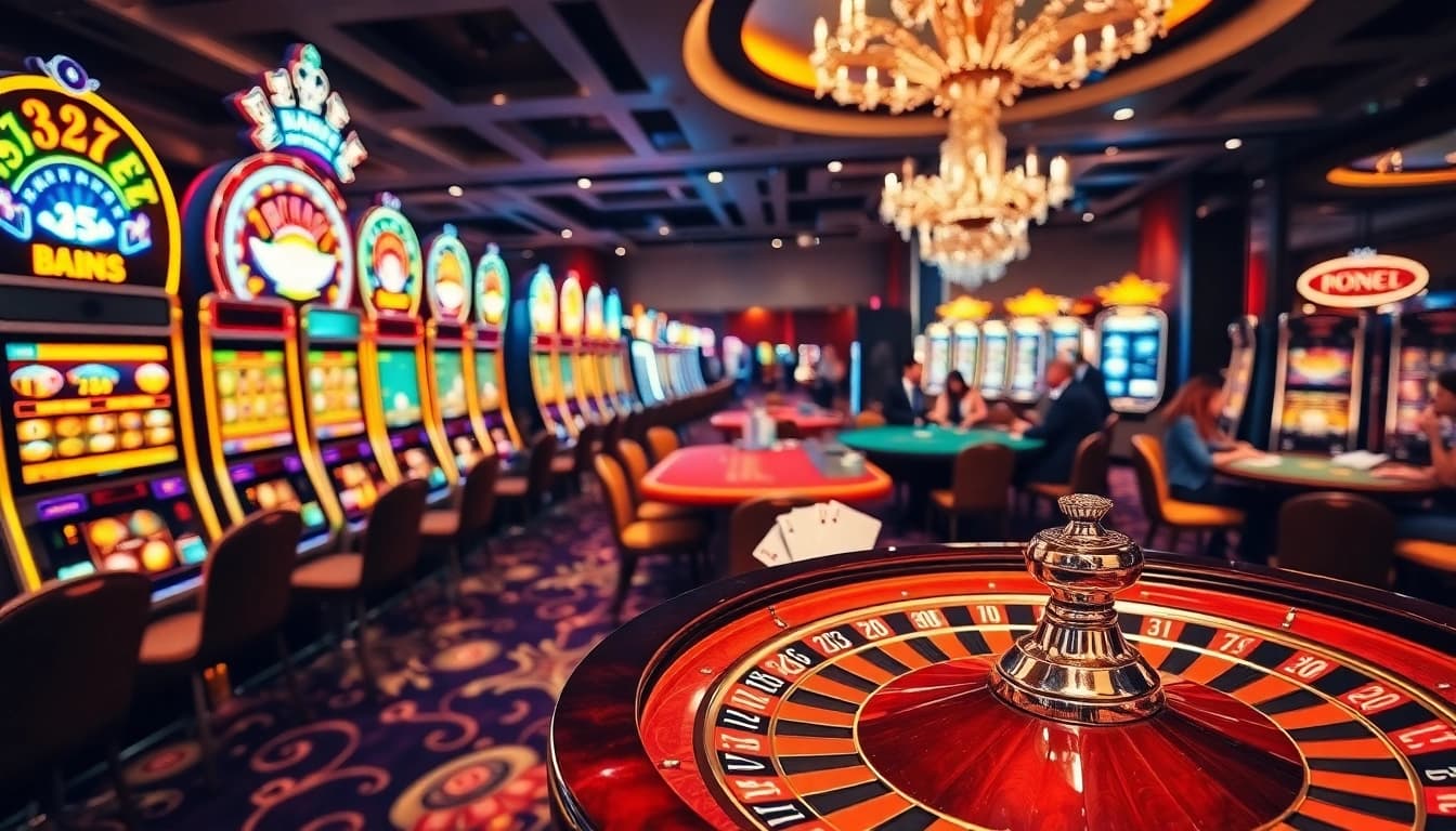 Experience excitement at idnslot with vibrant slot machines and an elegant roulette wheel in a luxurious casino setting.