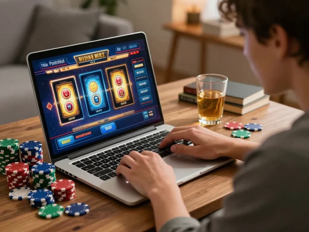 Pemain yang terlibat sedang merencanakan strategi menggunakan slot pulsa di laptop di rumah, dengan chip poker di sekitarnya.
