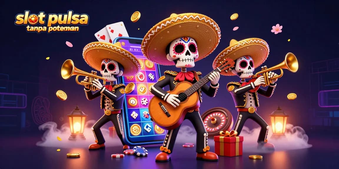 Experience thrilling wins with slot pulsa tanpa potongan! Colorful Mariachi band surrounded by jackpot elements.