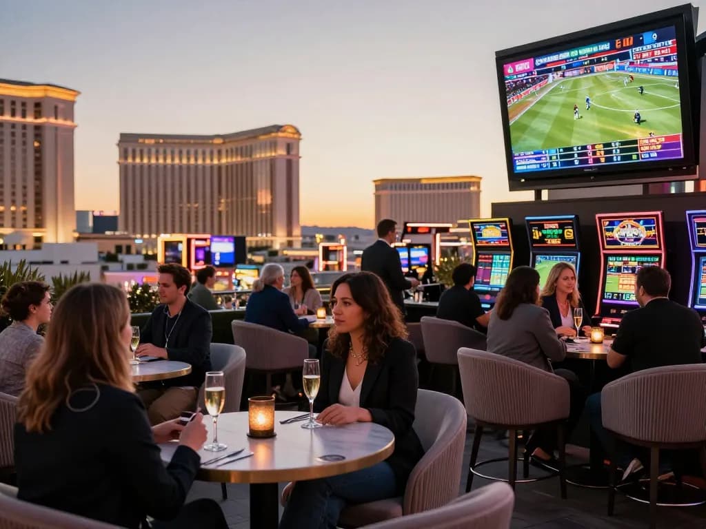 Tỷ lệ kèo nhà cái hôm nay revealed at vibrant Las Vegas casino terrace, patrons celebrating with sports betting.
