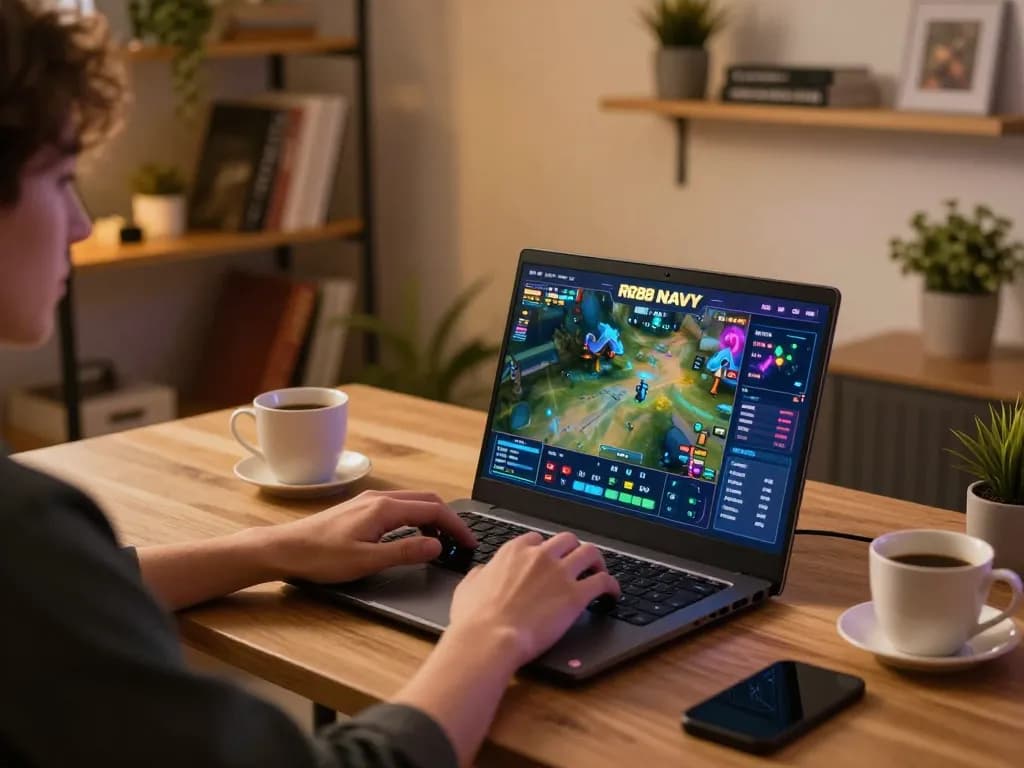 Engaging with the RR88 NAVY gaming interface in a cozy home setup.
