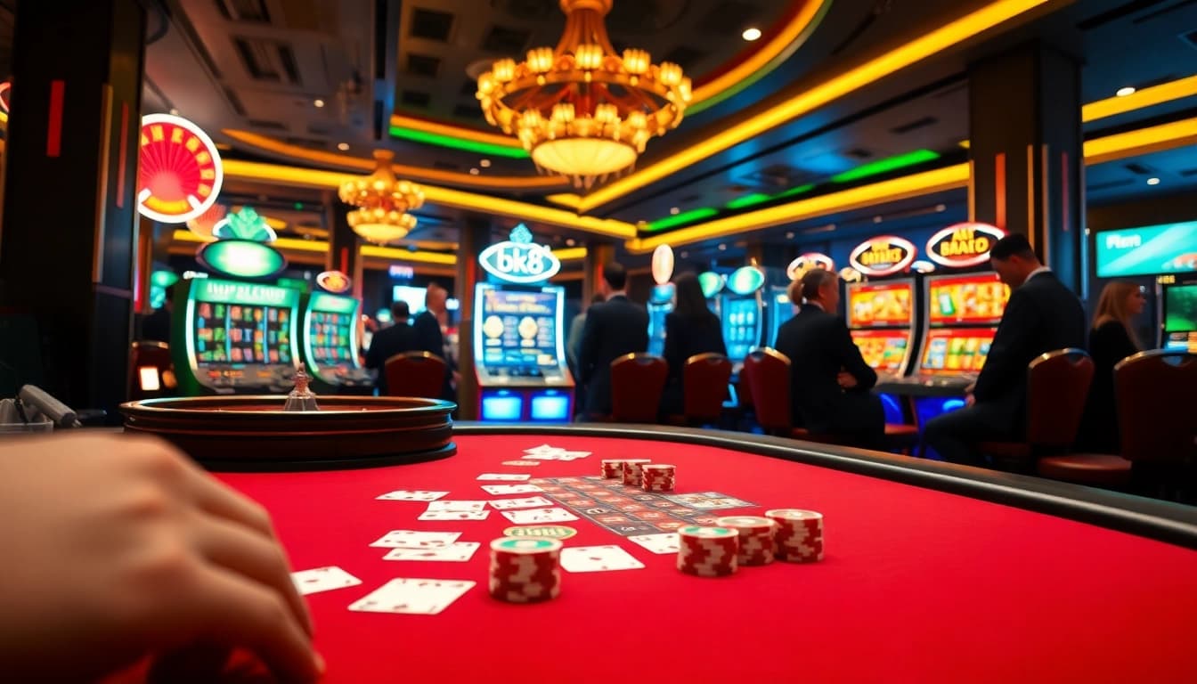 Experience the thrill of สมัครสมาชิก bk8 with this vibrant casino scene featuring gaming tables and exciting slot machines.