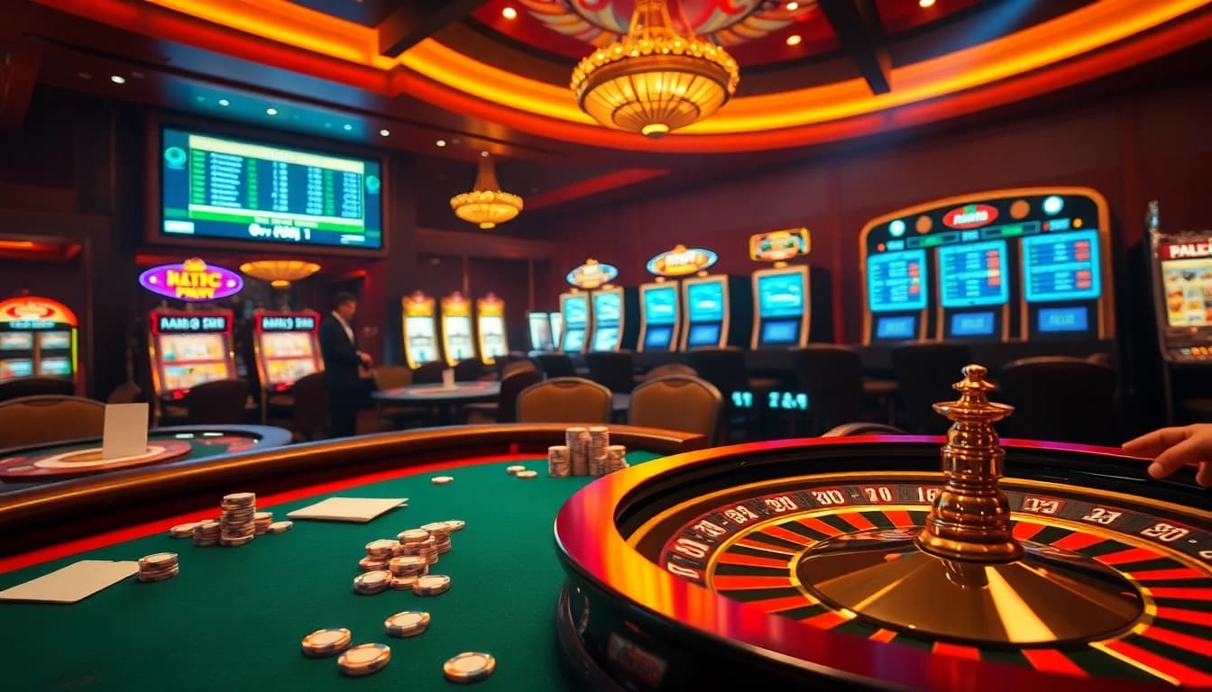 Experience the thrill of Ketquaxoso in an exciting casino scene with poker, roulette, and vibrant slot machines.
