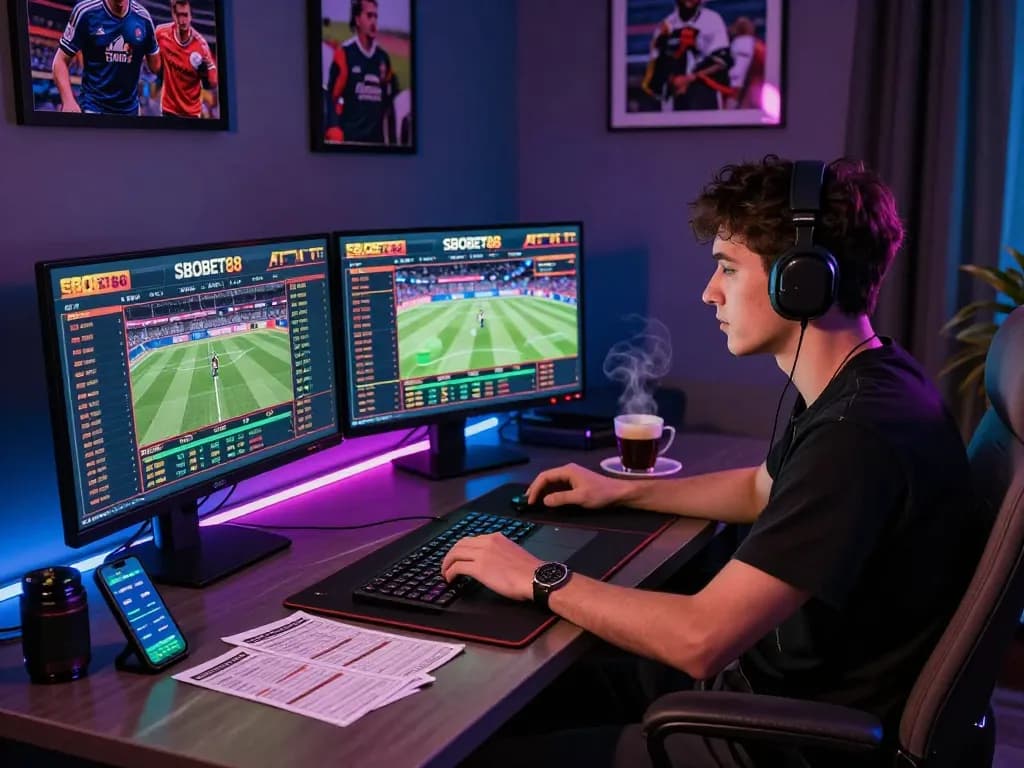 SBOBET88 online betting scene with multiple monitors, sports events, and a focused individual.