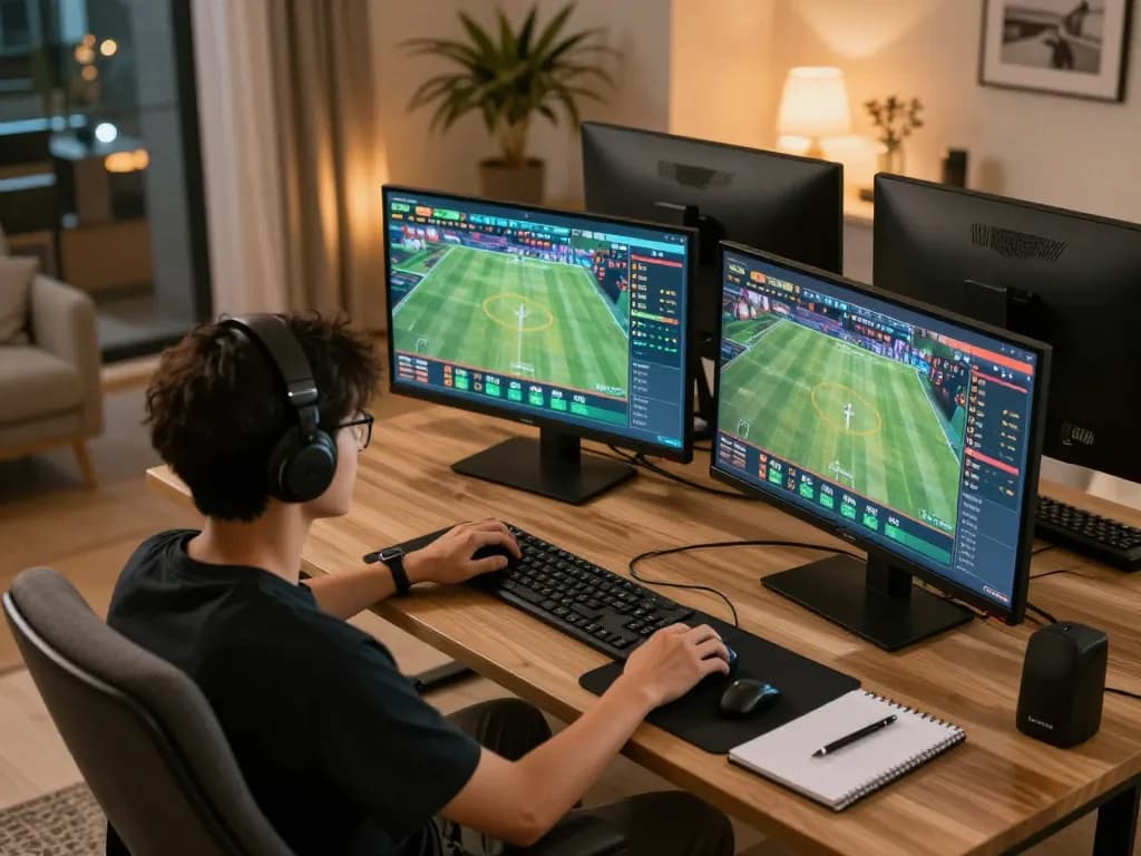 Engaging in kèo nhà cái hôm nay during online sports betting with multiple screens showing live odds.