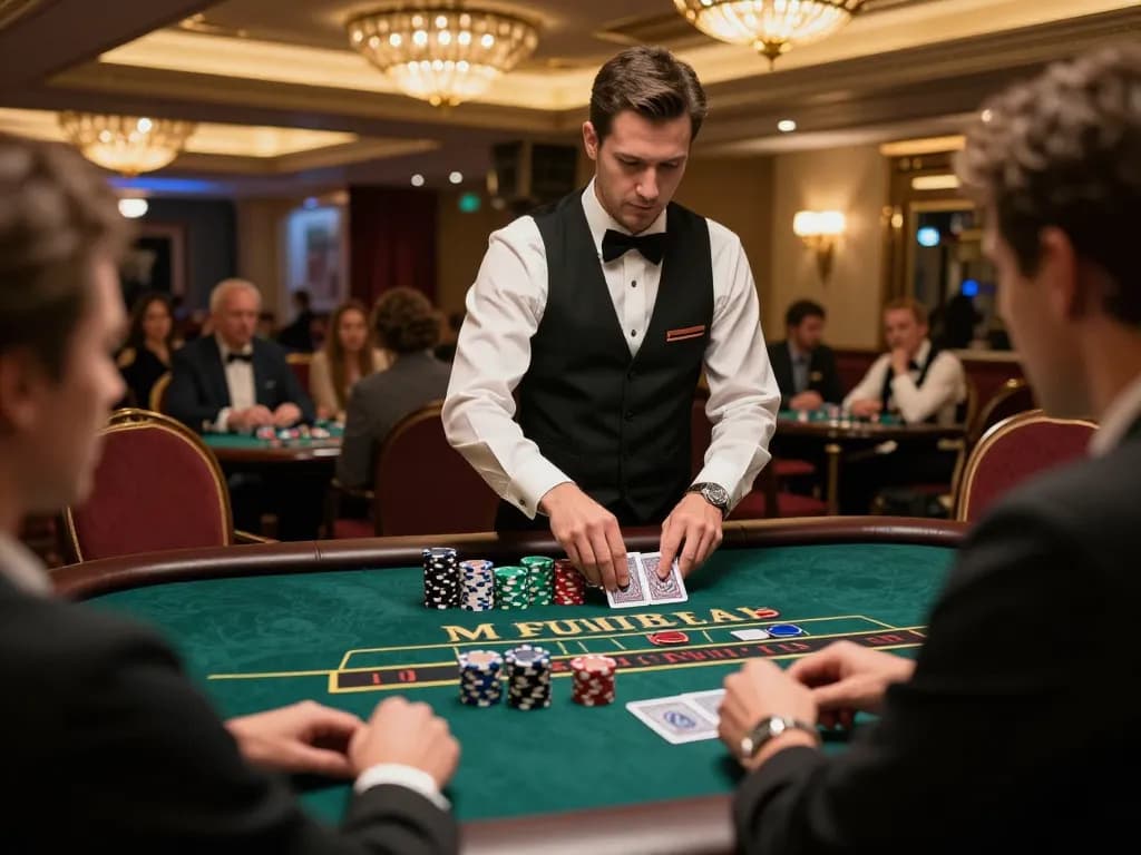 Players engaging in a strategic blackjack game at a vibrant casino featuring VK88 chips.