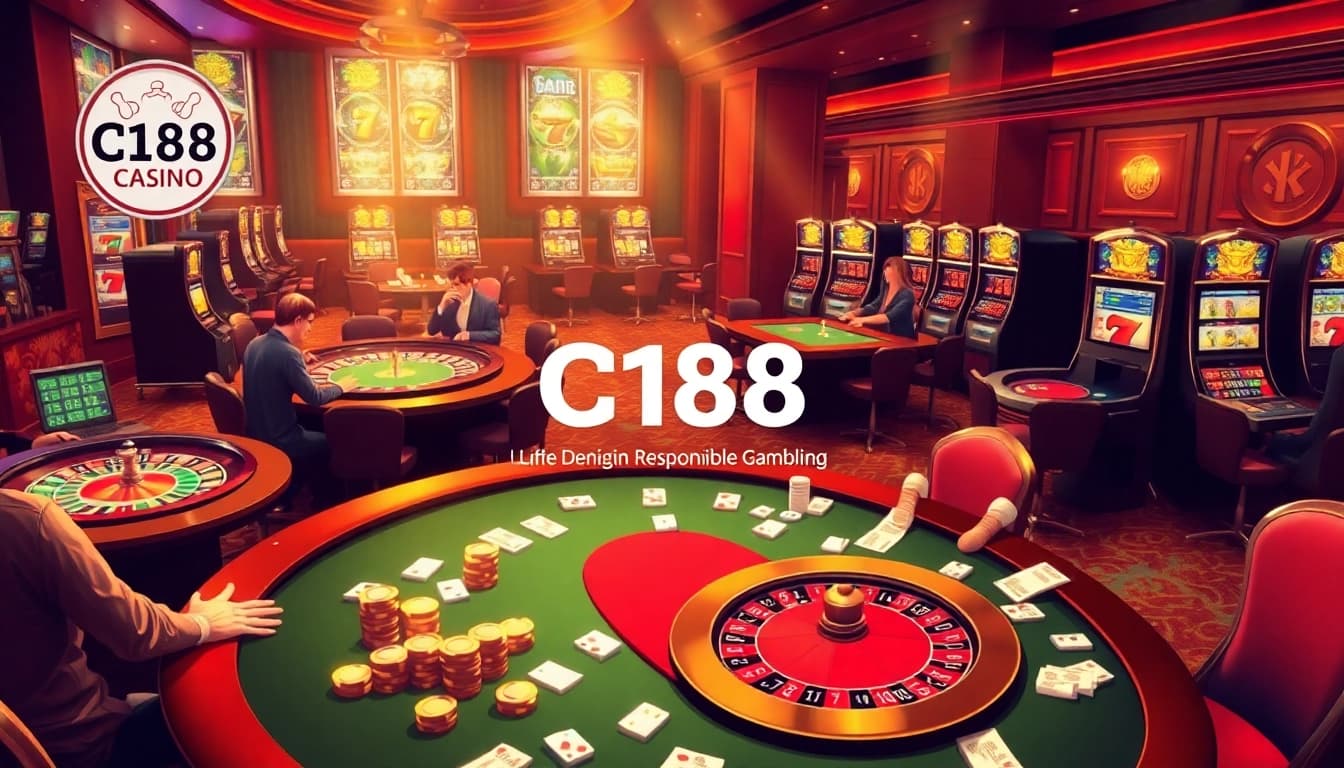 C168 casino scene featuring engaging poker games, vibrant roulette wheels, and lively slot machines.