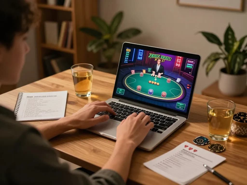 Tg88 player engaged in an online poker game from a cozy home setup highlighting strategic gameplay.