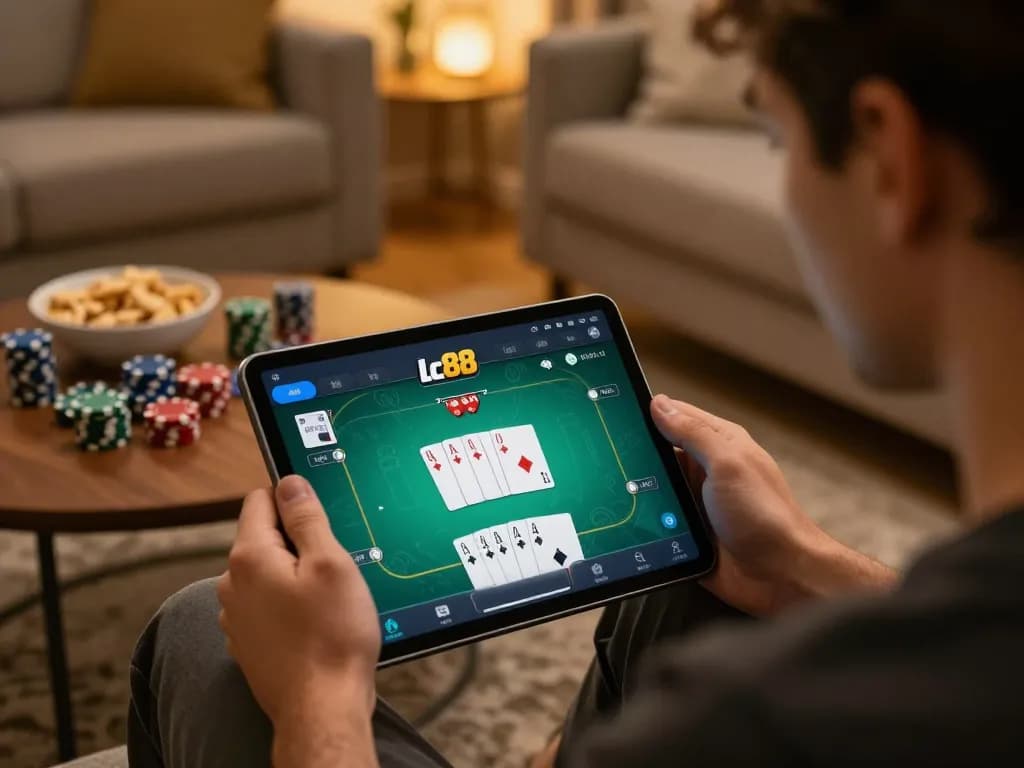 Lc88 player enjoying an online poker game at home amid warm lighting and engaging snacks