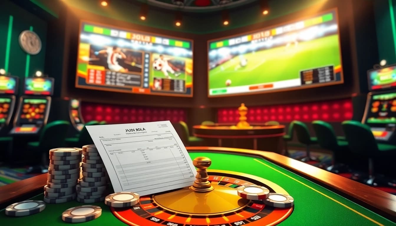 Betting on Judi Bola with vibrant casino elements and a live sports display.