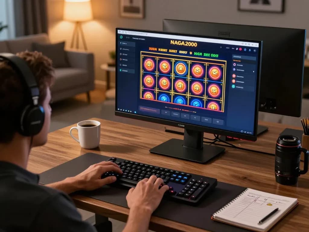 NAGA2000 online gaming session featuring vibrant slot game interface in a cozy home setup