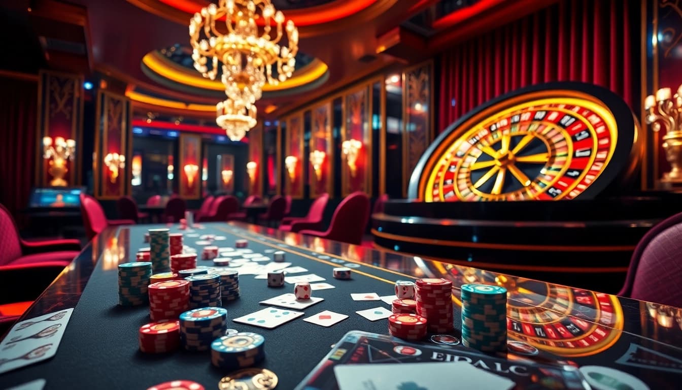 Engaging casino scene highlighting king88bet with poker chips, cards, and roulette wheel.