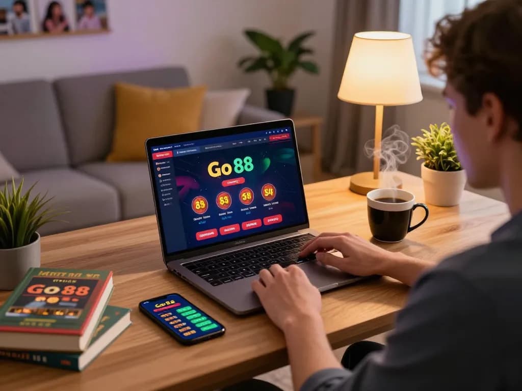 Engaging in online casino gaming on Go 88 with a cozy setup and betting insights.