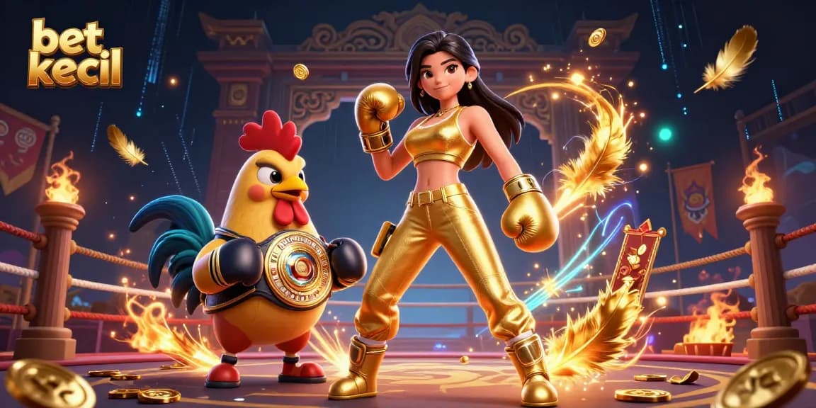 Engage in bet kecil slots with a championship rooster and athletic woman in a vibrant casino scene.