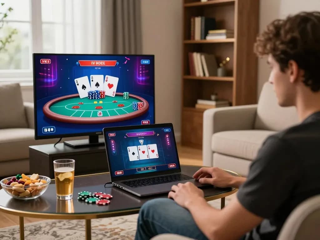 Engaging in a live poker game online at home, showcasing strategy and excitement with 789b.