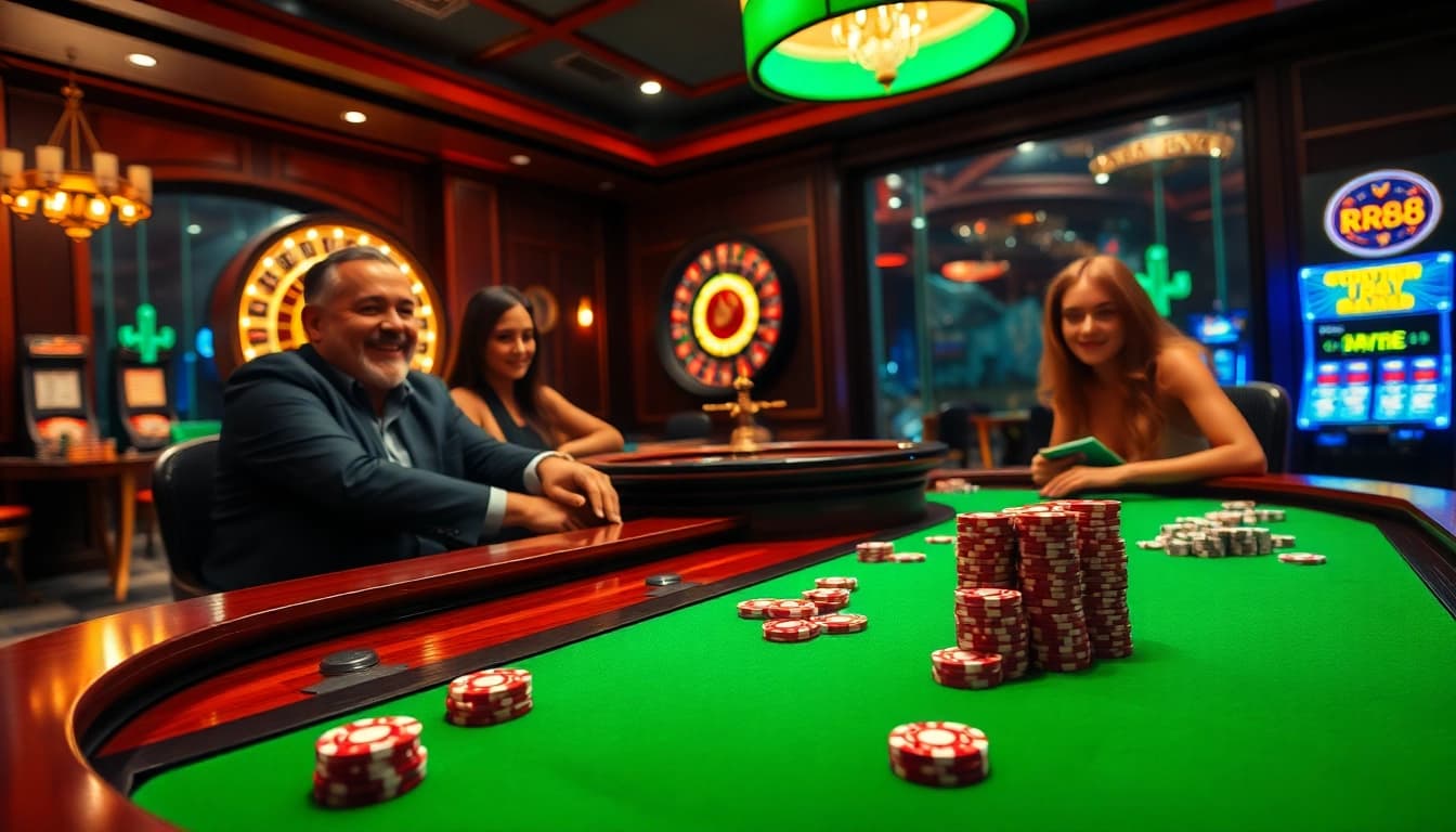 Players enjoy an exciting RR88 poker game at a glamorous casino table with vibrant chips and cards.