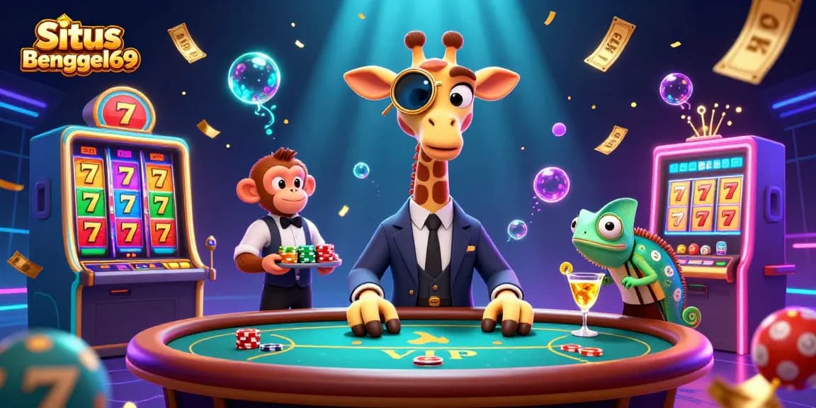 Engage with the thrilling world of Situs Bengkel69 through vibrant casino illustrations filled with slot reels and jackpots.
