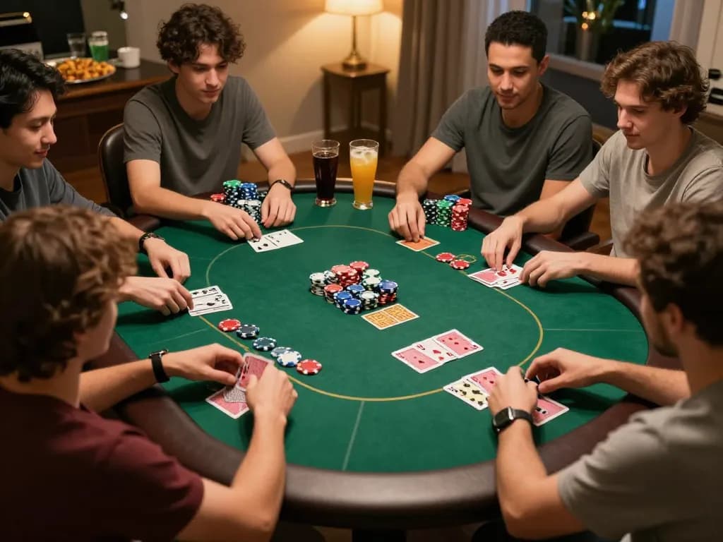 Players enjoying a friendly poker game at home with vibrant atmosphere, showcasing iwin club fun.