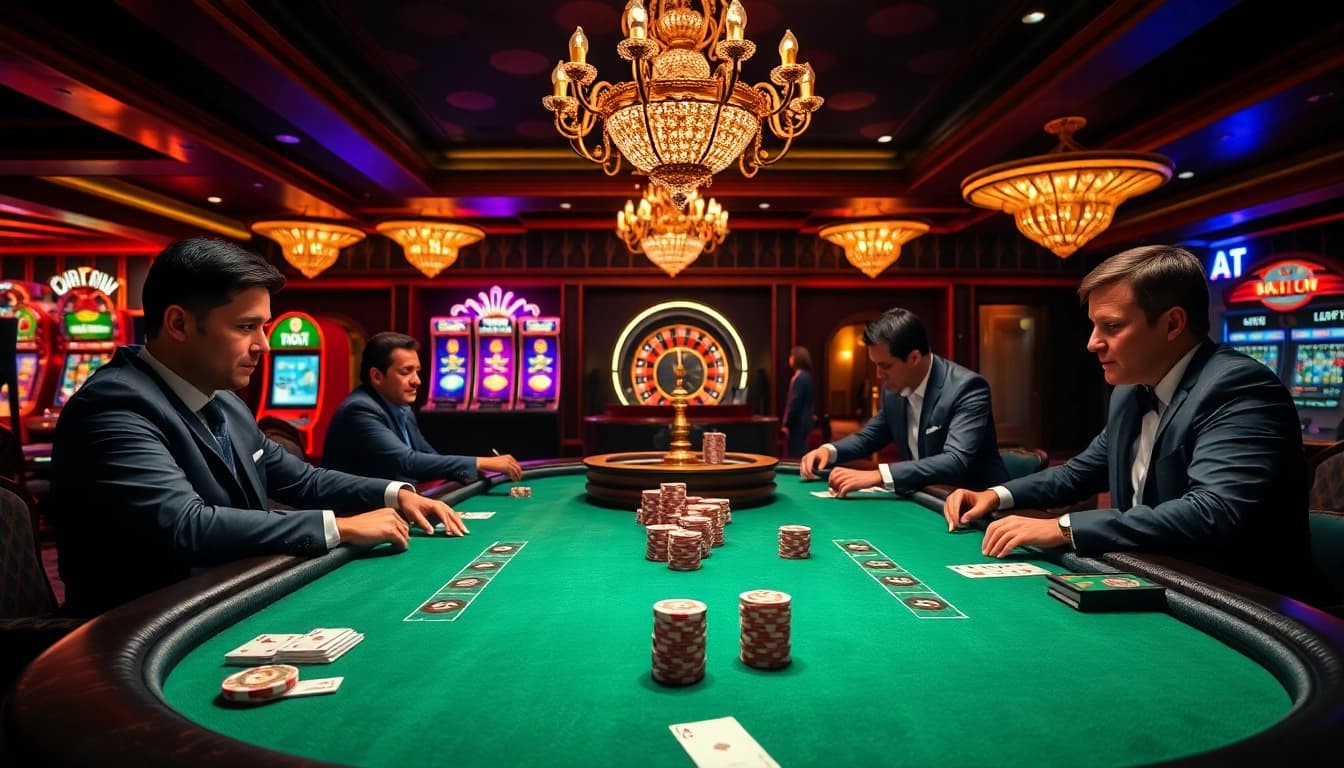 Players at a luxurious poker table showcase their strategies with Okking excitement and style.