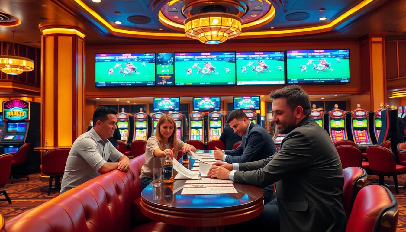 Bettors engaged in Judi Bola bets in a luxurious casino setting, showcasing excitement and anticipation.