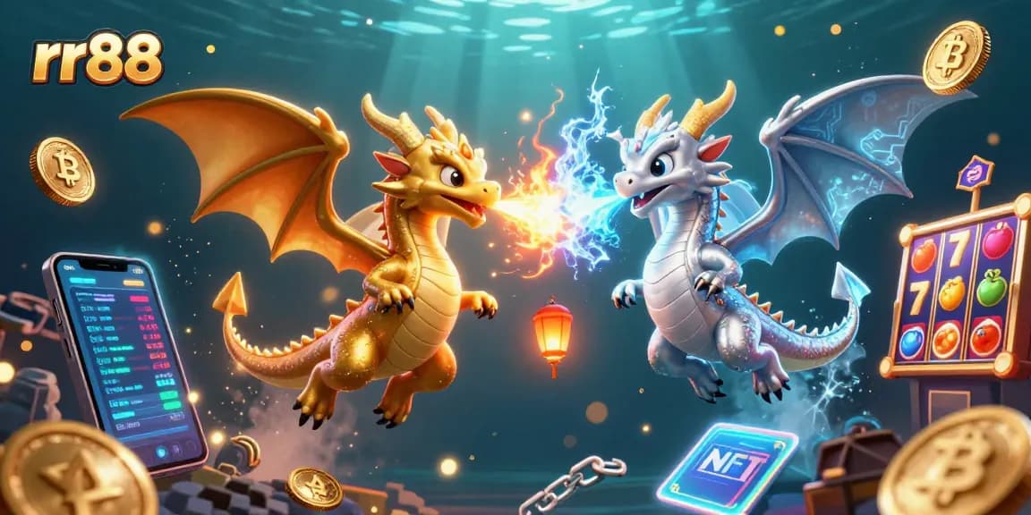 Win big at RR88 with dynamic dragons and cryptocurrency elements in this exciting 3D illustration.