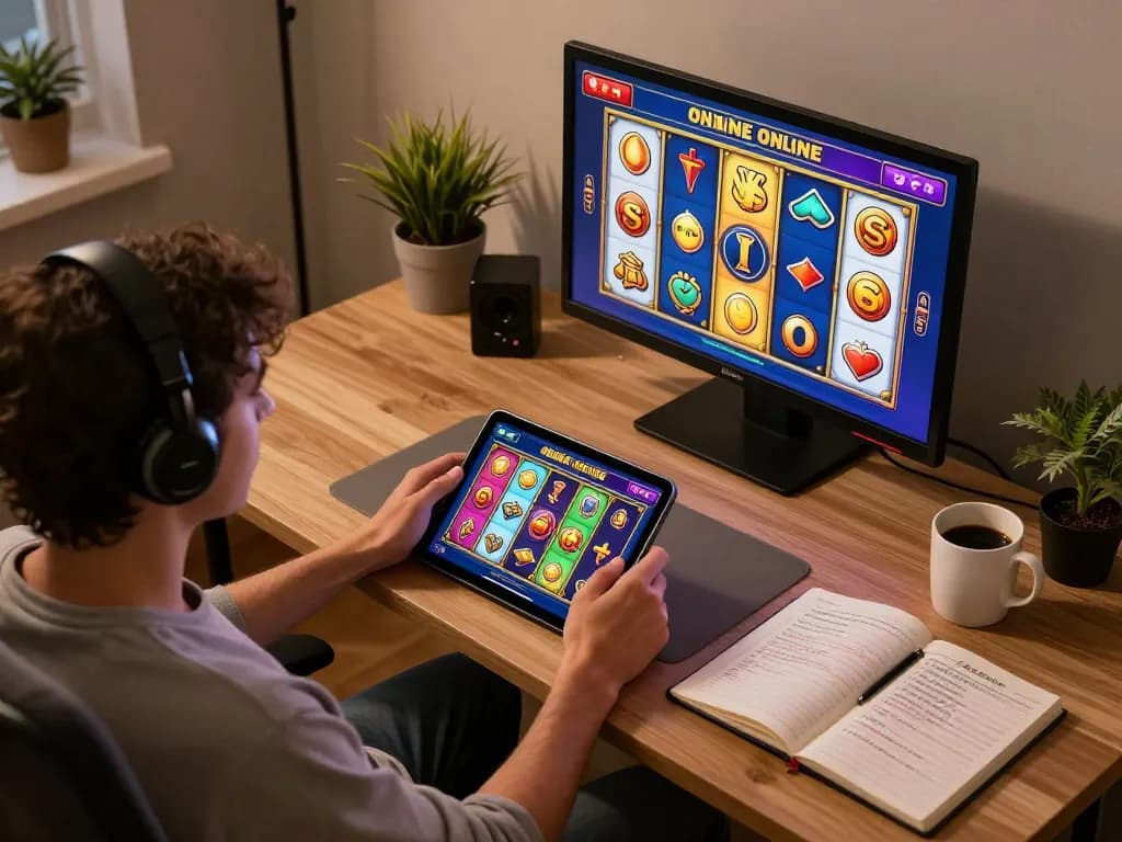 Engaging session of slot online gaming on tablet with winning reels displayed and strategy notes nearby.