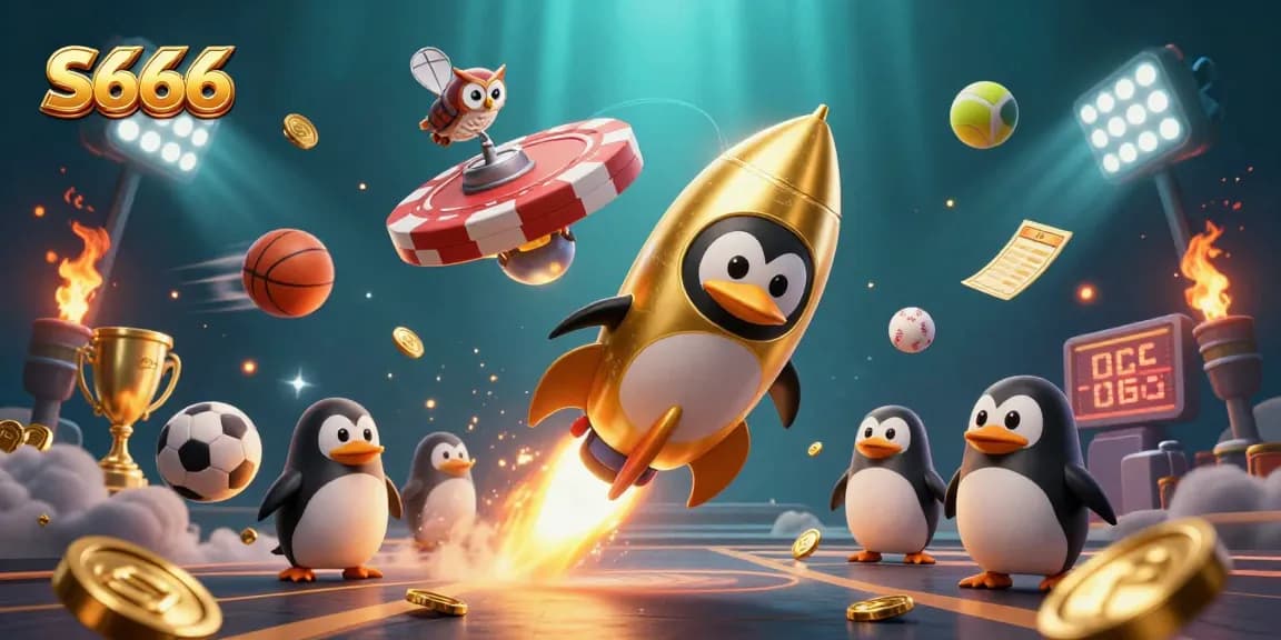 Experience S666's vibrant betting world with a golden penguin and dynamic casino elements.