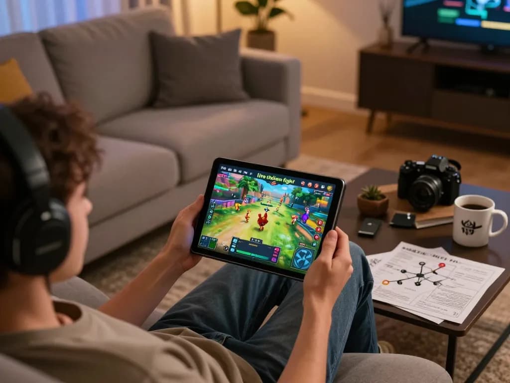 Xem đá gà trực tiếp HD trên một chiếc máy tính bảng trong không gian phòng khách ấm cúng, làm nổi bật bầu không khí trò chơi năng động.