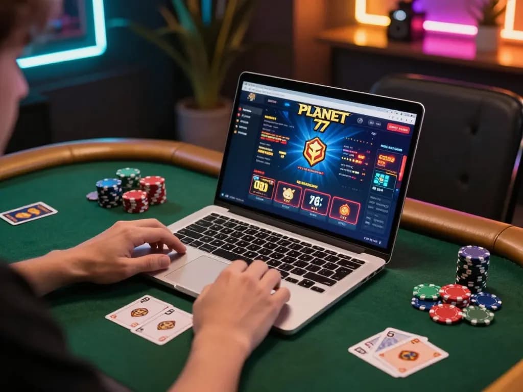 Seorang pemain terlibat dengan pengaturan permainan kasino online Planet 77 dalam suasana yang bergaya, fokus pada permainan strategis.