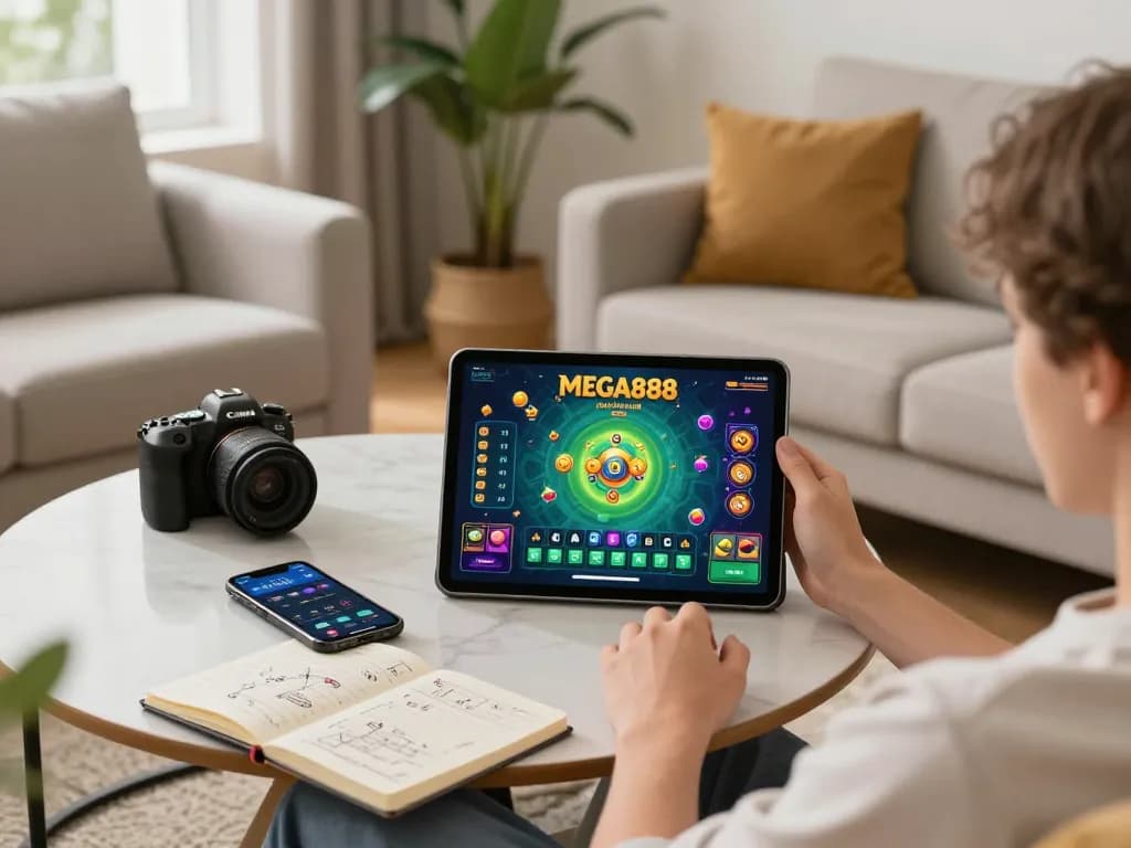 Engaging with Mega888 gaming app on a tablet at home for responsible gambling, get it here.