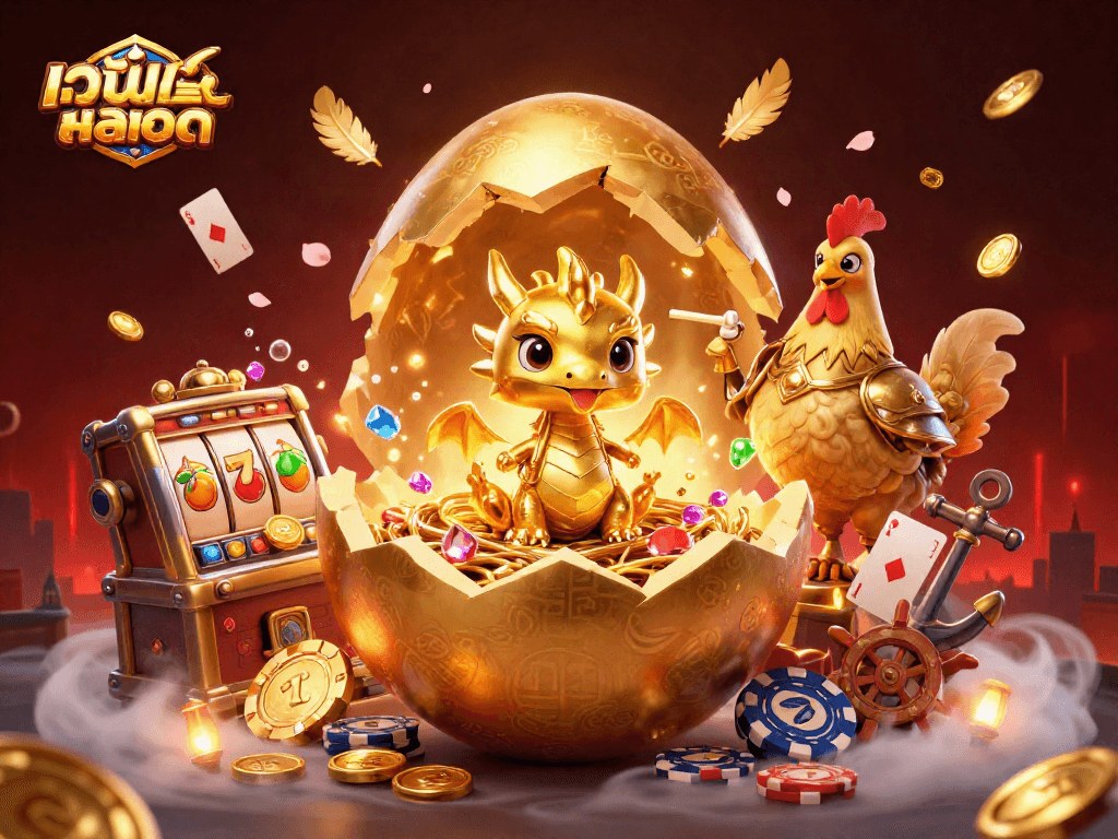Engage with เว็บสล็อต as a majestic dragon reveals treasures in a vibrant casino scene.