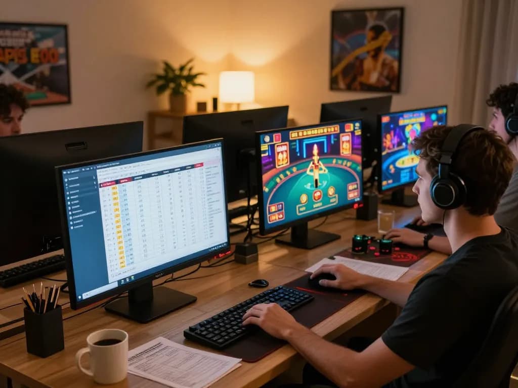 Suasana permainan online Bintangmpo menampilkan beberapa layar yang menampilkan permainan kasino yang menarik, menekankan pada permainan strategis