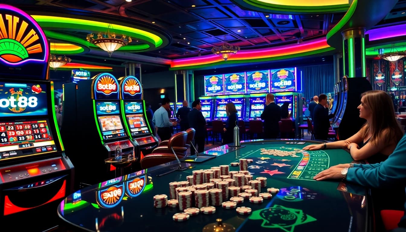 Players enjoy thrilling moments on slot88 machines in a luxurious casino setting.