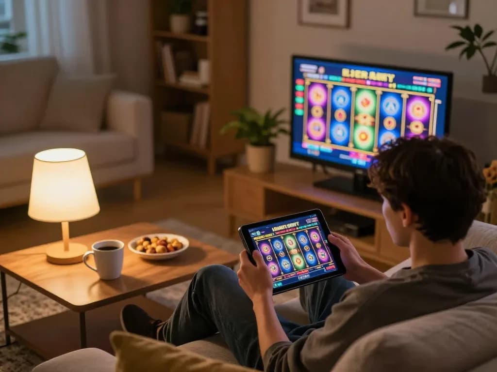 Engaging in online slots on FAFA 828, showcasing vibrant game interface in a cozy home setting.