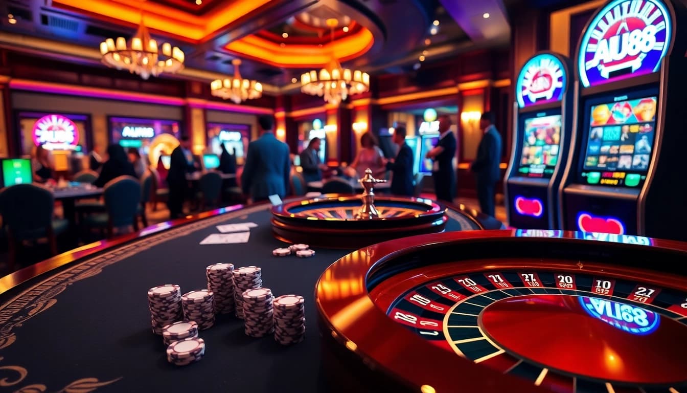 Experience the thrill of AU88 gaming with vibrant slot machines and elegant casino tables.