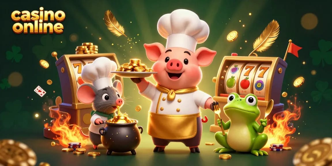 Engage in casino online excitement with a chef pig showcasing gold coins and a festive atmosphere.