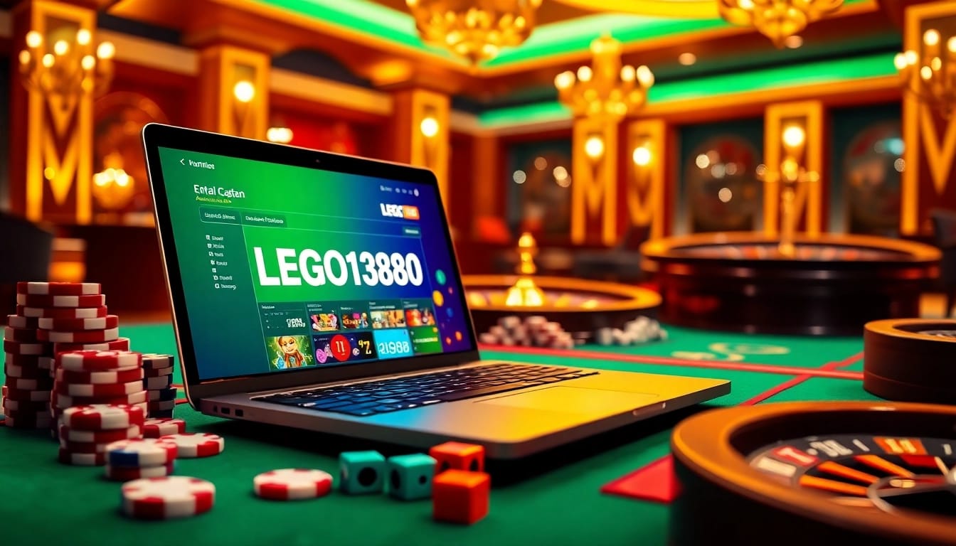 Engage with LEGO138 daftar on an online platform, featuring vibrant casino elements like dice and poker chips.