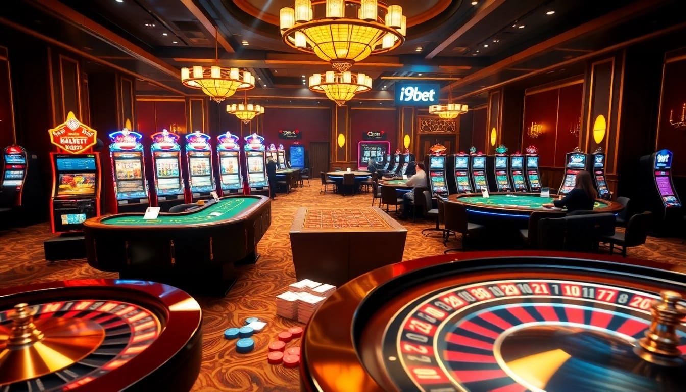 I9BET players engaging with roulette wheels and blackjack tables in a luxurious casino atmosphere.