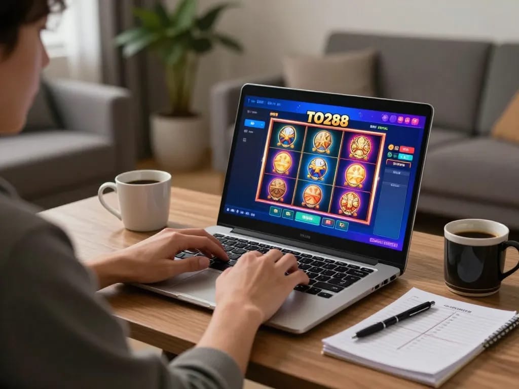 Person enjoying TO288 online gambling with a laptop at home in a cozy atmosphere.